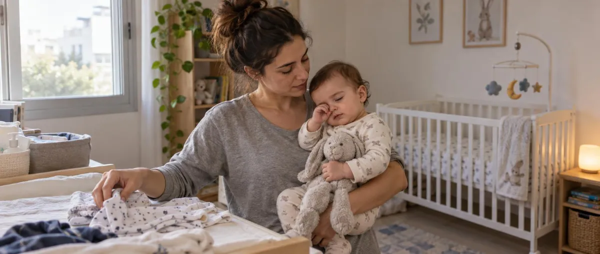 אמא מסדרת בגדי תינוק לצד פעוט עייף בחדר תינוקות, כהמחשה לסימני עייפות לפני השינה.