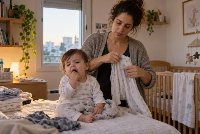 אמא מחזיקה פעוט עייף עם בובת מעבר בחדר תינוקות, כהמחשה לשגרת שינה ולסימני עייפות.