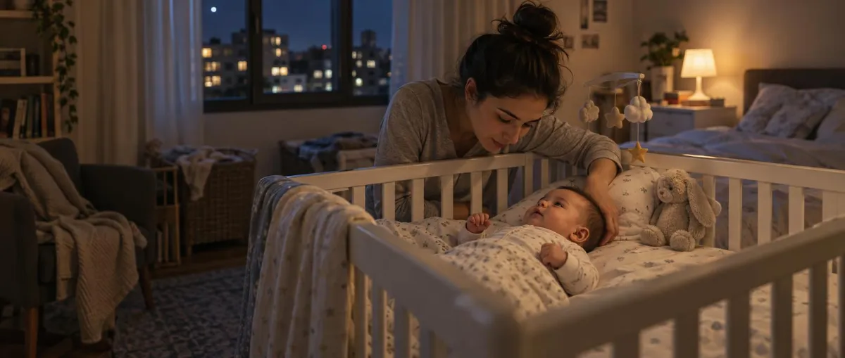 אמא רוכנת מעל העריסה בלילה ומלטפת תינוק ער, לאור מנורה קטנה