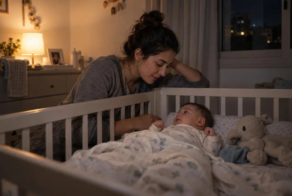 הורה לצד תינוק ער בלילה בחדר שינה