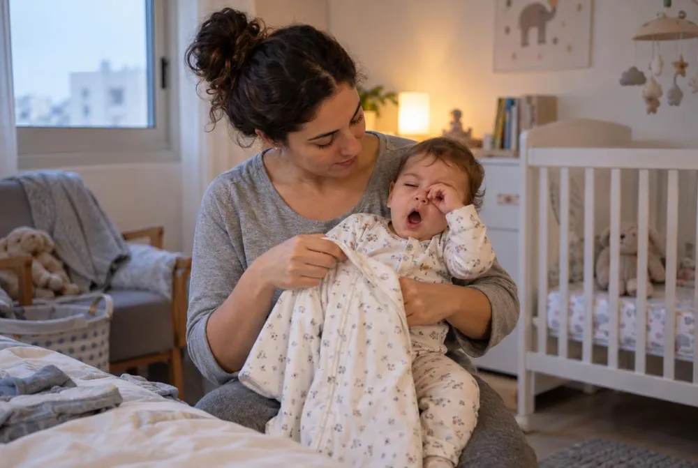 תינוק עייף לצד הורה המתכונן איתו לשינה