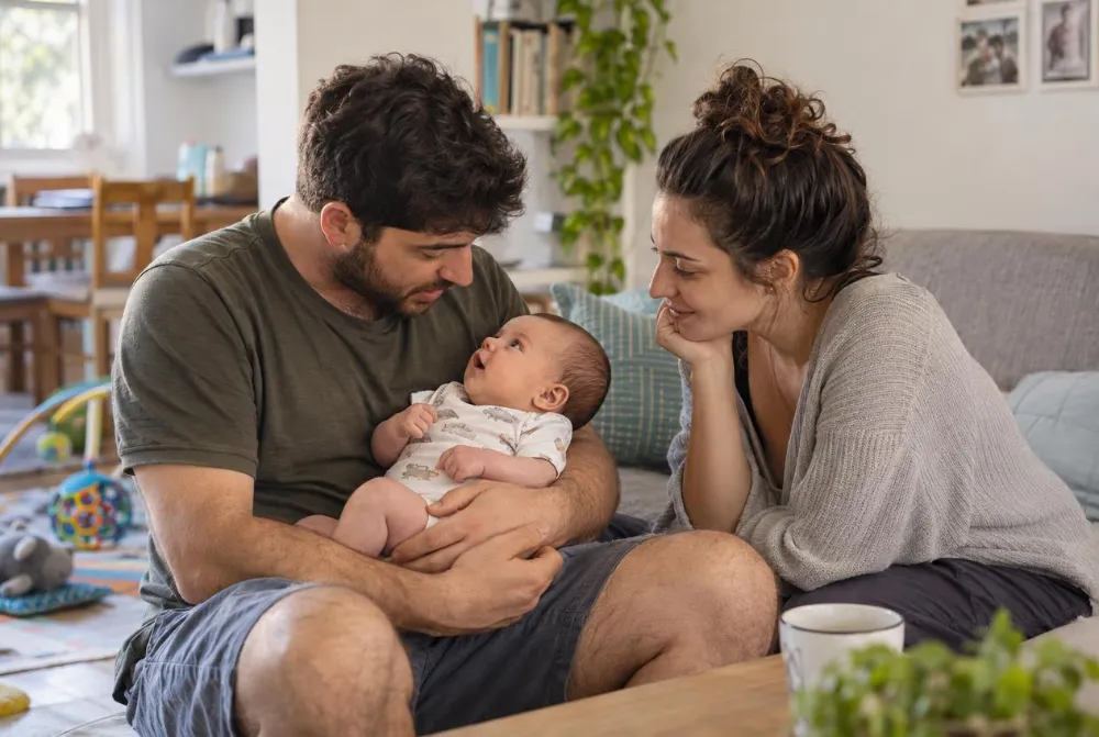 אבא מחזיק תינוק ער ומקשיב לו, ואמא יושבת לצדם ומביטה בתינוק