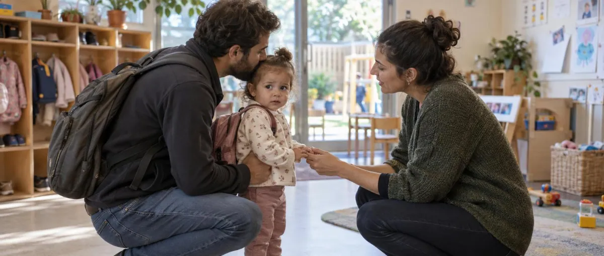 אבא נפרד בנשיקה מפעוטה במעון, ואשת צוות כורעת לצדה ומחזיקה את ידה