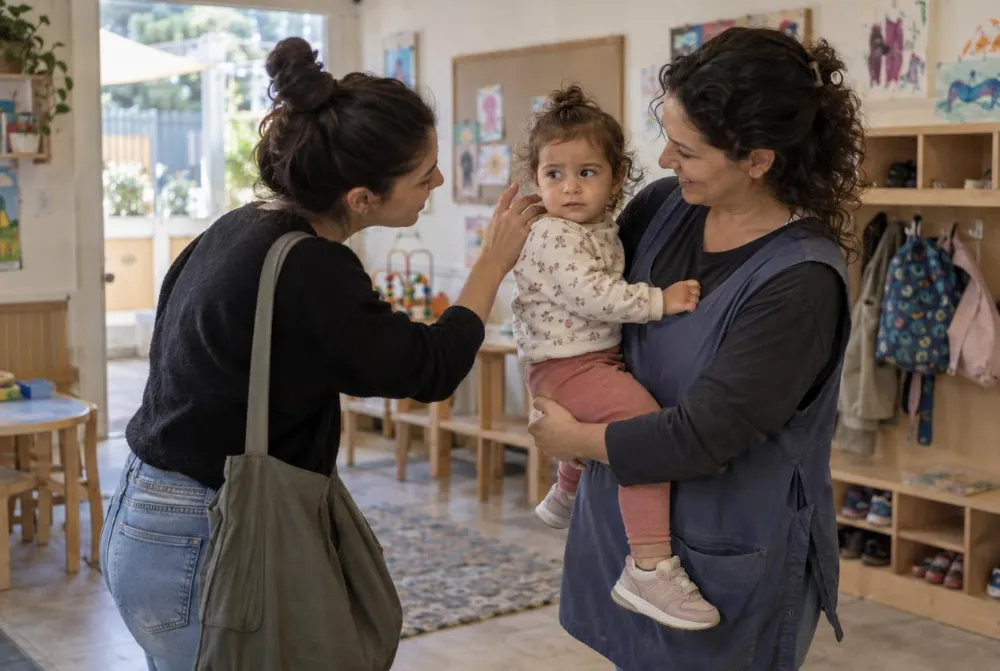 פעוט ברגע פרידה מהורה במעון לצד אשת צוות