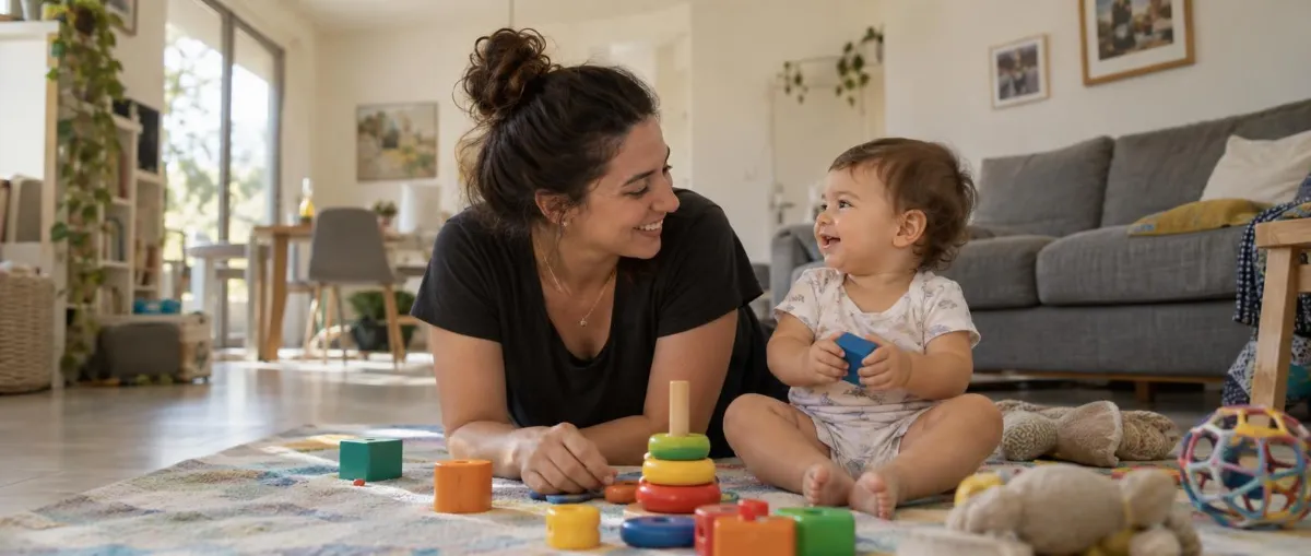 אמא ופעוטה משחקות בקוביות צבעוניות על שטיח הסלון וצוחקות