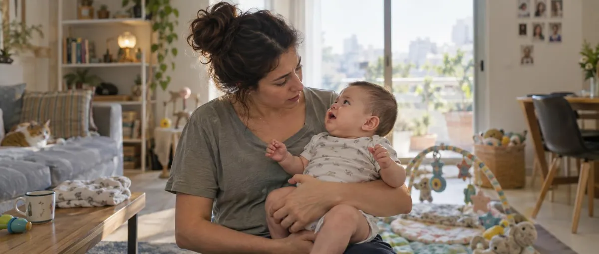 אמא מחזיקה תינוק על ברכיה בסלון, והשניים מביטים זה בזה