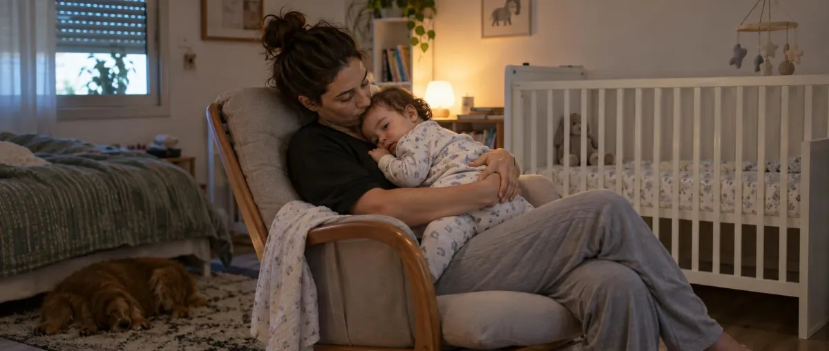 אמא בכורסה בחדר השינה מחבקת פעוט נרדם על כתפה, ליד העריסה