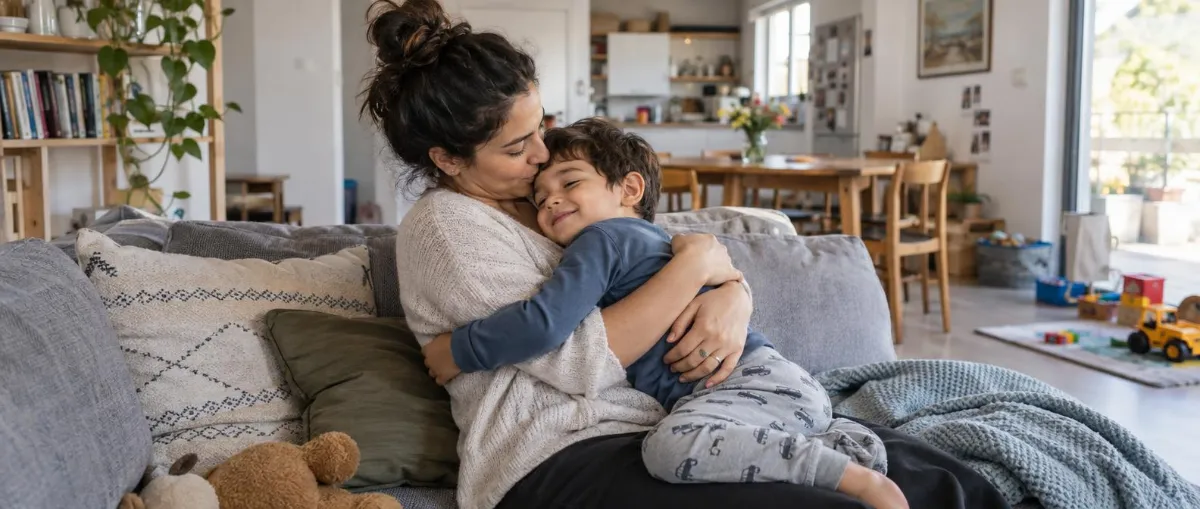 אמא מחבקת ומנשקת ילד קטן על הספה בסלון