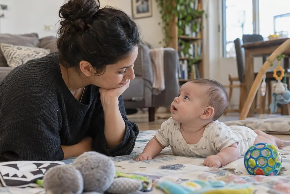 הורה מתבונן בתינוק ומגיב לסימנים ולשפת הגוף שלו