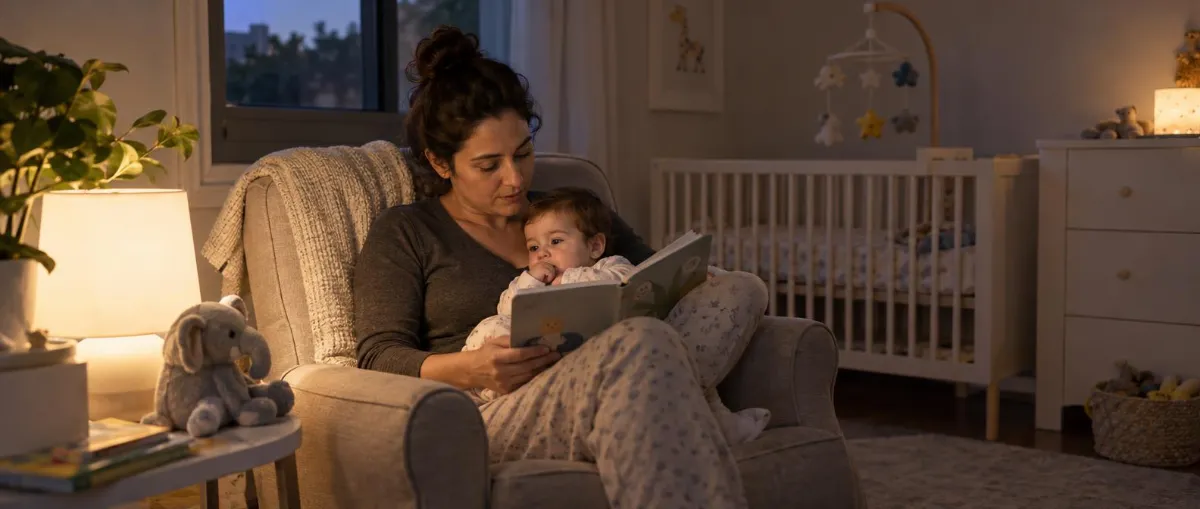 אמא מקריאה ספר לתינוק בכורסה בחדר השינה לאור מנורה, לפני השינה